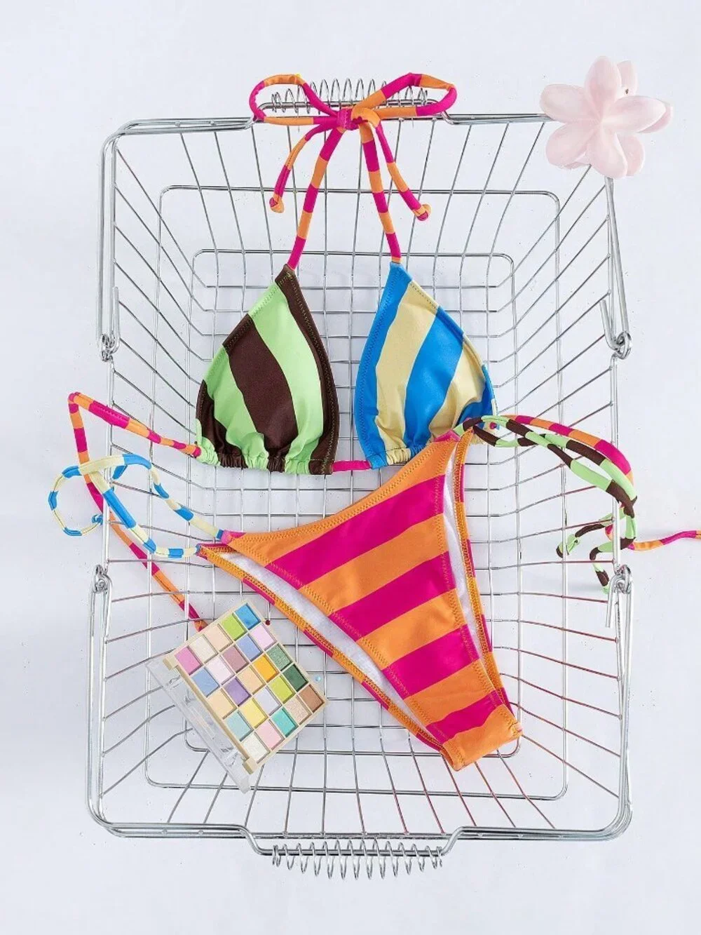 Multicolor Chic Striped Print Women's Two-Piece Halter Tie Bikini